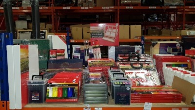 LARGE QUANTITY ASSORTED STATIONERY LOT CONTAINING ACRYLIC PAINTS, 36 COLOURING PENCILS, TWIN MARKERS, COMPLETE SKETCH SET, CANVAS'S, BRUSHES, BUMPER DRAWING SET, COMBINED DESK EASEL ETC