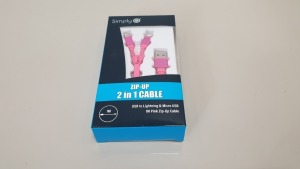 100 X BRAND NEW SIMPLY ZIP-UP 2 IN 1 CABLE - USB TO LIGHTNING & MICRO USB 1M PINK ZIP-UP CABLE -