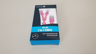 100 X BRAND NEW SIMPLY ZIP-UP 2 IN 1 CABLE - USB TO LIGHTNING & MICRO USB 1M PINK ZIP-UP CABLE -