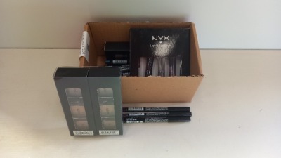 40 PIECE ASSORTED BRAND NEW NYX LOT LIQUID EYE LINER, EYESHADOW AND EYE/EYEBROW PENCIL.