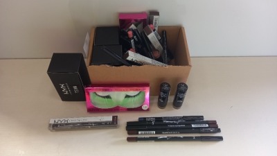40 PIECE ASSORTED BRAND NEW NYX LOT CONTAINING EYE/EYEBROW PENCIL, SPECIAL EFFECT LASHES, FELT TIP LINER AND EYESHADOW.