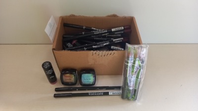 40 PIECE ASSORTED BRAND NEW NYX LOT CONTAINING LIP PENCIL, LIPSTICK AND EYESHADOW.