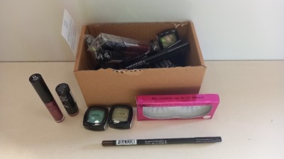 40 PIECE ASSORTED BRAND NEW NYX LOT CONTAINING EYESHADOW, LIPSTICK, LIP PENCIL AND SPECIAL EFFECT LASHES .