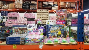 LARGE QUANTITY ASSORTED LOT CONTAINING BOX OF SHOCK AND SUPRISES, ENCHANTED PUTTY, JIGSAW, THE LOGO BOARD GAME, NOTEPADS, STORAGE SUITCASES, NUMBERS LEARNING PLAY SET, HELIUM BALLOON TANK ETC