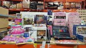 LARGE QUANTITY ASSORTED STATIONERY LOT CONTAINING HARRY POTTER PUZZLE, GAINT BAG OF CRAFT, UNICORN POO & FIGURE, VARIOUS JIGSAW, PUZZLE ROLLING MAT, STORAGE SUITCASES, STATIONERY SET ETC