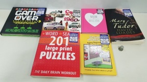 APPROX 200 ASSORTED BRAND NEW BOOKS IE LARGE PRINT PUZZLES, SENIOR MOMENTS, GAME OVER, CARS WE LOVED IN THE 1960S, MUM IN A MILLION, MARY TUDOR ETC