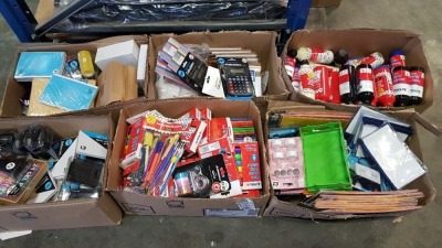 6 BOXES CONTAINING LARGE QUANTITY OF ASSORTED STATIONERY ITEMS IE NEON POSTER PAINT BRUSHES, ASSORTED BRUSHES, CRAFT ITEMS, CALCULATOR, READY MIX PAINT, 500ML PVA GLUES, NOTEBOOKS ETC