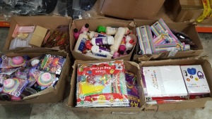 6 BOXES CONTAINING LARGE QUANTITY OF ASSORTED STATIONERY ITEMS IE COLOURING PENCILS, CALCULATOR, STICKY STRETCH BALLS, BOOKS, A4 WHITE CARD, GIANT BAG OF CRAFT, CROSSWORDS, PENCIL CASE, EXPLOSIVE SCIENCE ETC