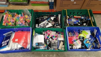 6 TRAYS CONTAINING LARGE QUANTITY OF ASSORTED STATIONERY ITEMS IE NEON HB PENCILS, BEROL PENS, GEL PENS, LAMINATING POUCHES, ENVELOPES, PEN POTS ETC
