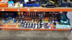 ASSORTED LOT CONTAINING T-CUT RUST MAGIC, ARMOURALL CAR CLEANING PRODUCTS, TOOL BOX, ENGINE LACQUER, MAKITA JIG SAW, SCREWS ETC