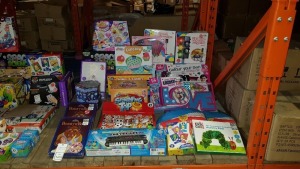 LARGE QUANTITY ASSORTED TOY LOT CONTAINING ELECTRONIC KEYBOARD, CUPCAKE CRAFTS, JELLY STICKERS, PICK N MIX, COLOUR YOUR OWN PLAY CASTLE TENT, COLOUR YOUR OWN FASHION SET, SPINNING TOP, BEAUTY AND THE BEAST ETC