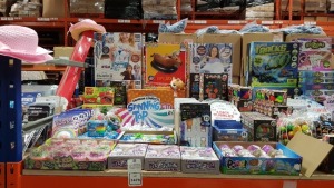 LARGE QUANTITY ASSORTED TOY LOT CONTAINING INFLATABULL BULL, FROZEN 2 SPARKLE GLOBE MAKER, JOKES AND GAGS, FORTNITE STAMPERS, MAGIC BALL, FOAM SHOOTER, HOLOGRAPHIC FIZZSLIME MIXING KIT, SPINNING TOP ETC