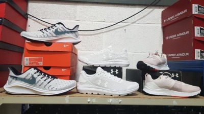 4 PIECE MIXED SPORTS TRAINER LOT CONTAINING 2 X NIKE AIR ZOOM TRAINERS, 1 X UNDER ARMOUR SURGE 2 TRAINERS AND 1 X UNDER ARMOUR W TRIBASE EDGE TRAINERS