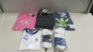 19 PIECE MIXED SPORTS CLOTHING LOT CONTAINING UNDER ARMOUR GREY FLEECE, ADIDAS T SHIRTS, ADIDAS CREW NECK JUMPER, REEBOK SOCKS, REEBOK STRAPPED BRA, NIKE SHORTS, PUMA JUMPERS AND ADIDAS SOCKS ETC