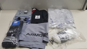 18 PIECE MIXED SPORTS CLOTHING LOT CONTAINING NIKE BARCELONA JACKET, ADIDAS HAT, UNDER ARMOUR T SHIRT, UNDER ARMOUR JACKET, ADIDAS SOCKS IN VARIOUS STYLES AND SIZES, NIKE SHORTS, UNDER ARMOUR SHORTS, ADIDAS JUMPER, ADIDAS T SHIRT, ADIDAS LEGGINGS AND UNDE