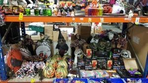 LARGE QUANTITY ASSORTED BRAND NEW PREMIER HALLOWEEN DECORATIONS LOT IE GHOST SKULL LIGHTS, LED LIGHT WAND, SKULLS, PUMPKINS, FIGURES, PLAQUES, CANDLE, VARIOUS DECORATIONS ETC