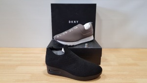 4 X BRAND NEW DKNY TRAINERS IE 1 X JADYN SLIP ON JOGGING TRAINERS AND 3 X ANJI SLIP ON WEDGED TRAINERS UK SIZE 7.5