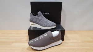 4 PIECE MIXED DKNY TRAINER LOT CONTAINING 2 X ANJI WEDGE SNEAKERS AND 2 X JADYN SLIP ON JOGGING TRAINERS UK SIZE 5.5