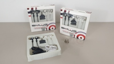 100 X SMUG DESIGN TWIN PACK HI-FI NOISE ISOLATION EARPHONES WITH DUAL AIRLINE ADAPTOR IN A DISPLAY