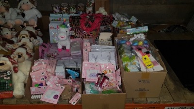 LARGE QUANTITY ASSORTED LOT CONTAINING BOOKS, STITCH YOUR OWN CLOUD AND DINOSAUR, POLYFOAM RABBITS, MAKE YOUR OWN WINDMILL, TOOL IN ONE, UNICORN SOFT TOY, PLASTIC TUBS ETC