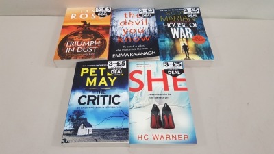 APPROX 200+ ASSORTED BRAND NEW BOOK LOT CONTAINING HOUSE OF WAR, TRIUMPH IN DUST, THE NIGHTMARE PLACE, THE CRITIC, THE DEVIL YOU KNOW, TIGHT ROPE ETC