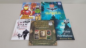 APPROX 200+ ASSORTED BRAND NEW BOOK LOT CONTAINING LEGO THE BATMAN MOVIE, MARVEL SUPER HERO ADVENTURE, APOTHECARY, THE WIDOW OF PALE HARBOUR, MIDWINTER, REDSTRIKE ETC