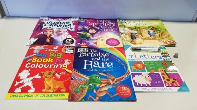 APPROX 200+ PIECE ASSORTED BOOK LOT CONTAINING MY BIG BOOK OF COLOURING, FROZEN 2 THE ULTIMATE COLOURING BOOK, THE TORTOISE AND THRE HARE, FAIRY SPARKLES SECRET WISH, THE TOWN MOUSE AND THE COUNTRY MOUSE ETC