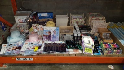 LARGE QUANTITY ASSORTED STATIONERY LOT CONTAINING FROZEN STICKER SET, MY FAMILY HAND PRINTING FRAME SET, NYLON ROUND PAINT BRUSHES, FOLDERS, SCISSORS, PENCILS, FINE INE COLOURED PENS 30 SETS, HIGHLIGHTERS, MINI NOTEPADS, HEAVY DUTY SPRAY ADHESIVE ETC