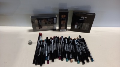 40 PIECE ASSORTED BRAND NEW NYX LOT CONTAINING LIQUID EYE LINER, EYESHADOW AND EYEBROW PENCIL.