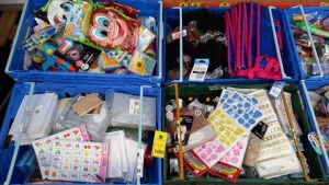 4 TRAYS CONTAINING LARGE QUANTITY OF ASSORTED ITEMS INCLUDING WATERGUNS, BUBBLE WAVERS, DRINKS FLOAT, GIANT SHOPPING BAG, GLOVES, BIRTHDAY STICKERS, CARDS, THREADS ETC