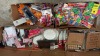 5 BOXES CONTAINING LARGE QUANTITY OF ASSORTED ITEMS IE LETTERS & NUMBER SPONGE SET, EVA STICKERS, PENS, GLITTER, STENCIL BOOK, ARTIST PALETTE, EMBROIDERY THREAD ETC