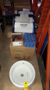 ASSORTED LOT CONTAINING 3 X GROHE TOILET SYSTEMS WITH FIXINGS AND WHITE SINK BASIN