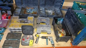 LARGE QUANTITY ASSORTED TOOL LOT CONTAINING TOOL BOXES, STANLEY FIXING ORGANISERS, HAND TOOLS, DRILL BIT SET, VARIOUS FIXINGS, TITAM LASER RADIATION, ERBAUER AIR DRILL ETC