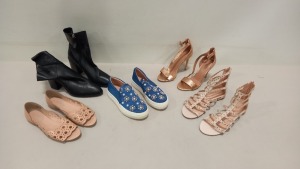 35 PIECE MIXED TOPSHOP AND DOROTHY PERKINS SHOE LOT CONTAINING TAN SANDALS, BLACK SANDALS, MILLION BLACK BOOTS, BLACK LOAFERS AND ROSE GOLD HEELED SHOES ETC