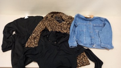 16 PIECE MIXED TOPSHOP AND DOROTHY PERKINS CLOTHING LOT CONTAINING DOROTHY PERKINS ANIMAL STYLED JACKET, TOPSHOP BLACK JUMPSUITS, TOPSHOP BLUE DENIM JACKETS AND MISS SELFRIDGES CROPPED HOODIE ETC