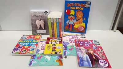 APPROX 200+ ASSORTED BOOK LOT CONTAINING THE ULTIMATE JOKE BOOK, PUZZLE FUN SUPERPAD, MY ANGEL JOURNAL, 555 STICKER FUN HORSES AND UNICORNS, FROZEN 2 STICKER PLAY, DOT TO DOT FUN BOOK, ANDY GRIFFITHS AND TERRY DENTON BOOK SETS ETC