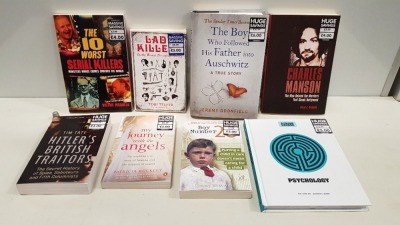 APPROX 200+ ASSORTED BOOKS IE THE ONE SHEET SCULPTURE THE GREAT OUTDOORS, HITLERS BRITISH TRAITORS, MY JOURNY BEGINS WITH ANGELS, BOY NUMBER 26, PSYCHOLOGY, CHARLES MANSON, LADY KILLER ETC