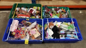 4 TRAYS CONTAINING LARGE QUANTITY OF ASSORTED ITEMS IE TANGO TOY, PLAYING CARDS AND DICE, DINOSAUR POO & FIGURES, DINOSAUR DIG, GOOPY SLIME, VARIOUS DINOSAUR FIGURES ETC