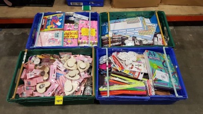 4 TRAYS CONTAINING LARGE QUANTITY OF ASSORTED ITEMS IE WOODEN TEALIGHT HOLDERS, GLITTER TAPES, EVA STICKERS, REWARD CHARTS, PIPE CLEANERS, SKETCH PAD, MAGICAL SUPERPAD, UNICORN STATIONERY SET ETC