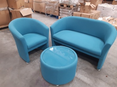 3 PIECE TURQUOISE RECEPTION SEATING SET COMPRISING 2 SEATER SOFA, SINGLE TUB CHAIR & ROUND COFFEE TABLE