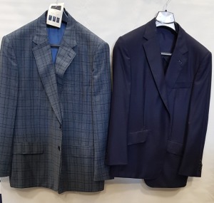 5 X BRAND NEW LUTWYCHE BLUE JACKETS IN VARIOUS SIZES & STYLES (NOTE NOT FULLY TAILORED)