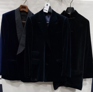 3 X BRAND NEW KINGSMAN / GIEVES & HAWKES BLUE VELVET STYLE JACKETS SIZES 38R, 42L, 44R PLUS A BLACK VELVET STYLE JACKER SIZE UNKNOWN (NOTE NOT FULLY TAILORED)