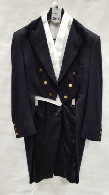 BRAND NEW LUTWYCHE BLACK WOOLEN TAILCOAT WITH ER BUTTONS & VELVET COLLAR COMPLETE WITH A GIEVES & HAWKES CREAM VEST (MINOR TAILOR FINISHING REQUIRED ON SHOULDERS) - SIZE 40
