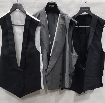 13 X BRAND NEW WAISTCOATS BY VARIOUS DESIGNERS INCLUDING LUTWYCHE, GRIEVES & HAWKES - BLACK, WHITE, GREY, CREAM - IN ASST SIZES