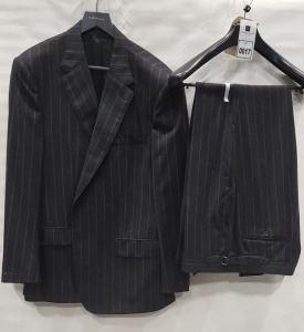 5 X BRAND NEW LUTWYCHE 2 PC BLACK WIDE PINSTRIPE MATCHING SUITS SIZES 46R, 44R, 42R, 40R, 38R (NOTE NOT FULLY TAILORED)