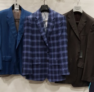 3 X BRAND NEW LUTWYCHE / CHESHIRE BESPOKE BLUE / GREY JACKETS SIZES 43, 40R,, 38 PLUS A GRIEVES & HAWKES CREAM JACKET (SIZEU/N) (NOTE NOT FULLY TAILORED) AND A GREEN SUIT