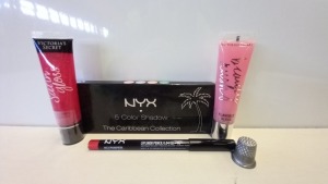 58 PIECE BRAND NEW ASSORTED MAKEUP LOT CONTAINING NYX 5 COLOUR SHADOW COLLECTION, VICTORIAS SECRET FLAVOURED LIP SHINE AND GLOSS IN CHERRY BOMB AND CANDY AND NYX LIPLINER PENCIL - IN 4 BOXES
