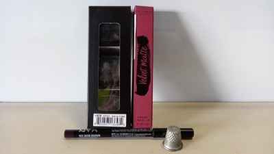58 PIECE BRAND NEW ASSORTED MAKEUP LOT CONTAINING NYX EYESHADOW IN CRYPTONITE, VICTORIAS SECRET VELVET MATTE CREAM LIQUID LIP AND NYX EYE/EYEBROW PENCIL - IN 3 BOXES
