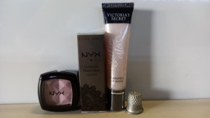 58 PIECE BRAND NEW ASSORTED MAKEUP LOT CONTAINING VICTORIAS SECRET FLAVOURED LIP SHINE, NYX FROSTED LILAC EYESHADOW AND NYX LUXURIOUS BLACK LABEL LIPSTICK - IN 3 BOXES
