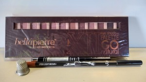 67 PIECE BRAND NEW ASSORTED MAKEUP LOT CONTAINING BELLAPIERRE COSMETICS XII EYE SHADOW PALETTE GO NATURAL, NYX AUTO EYE PENCIL AND NYX EYE/EYEBROW PENCIL - IN 3 BOXES